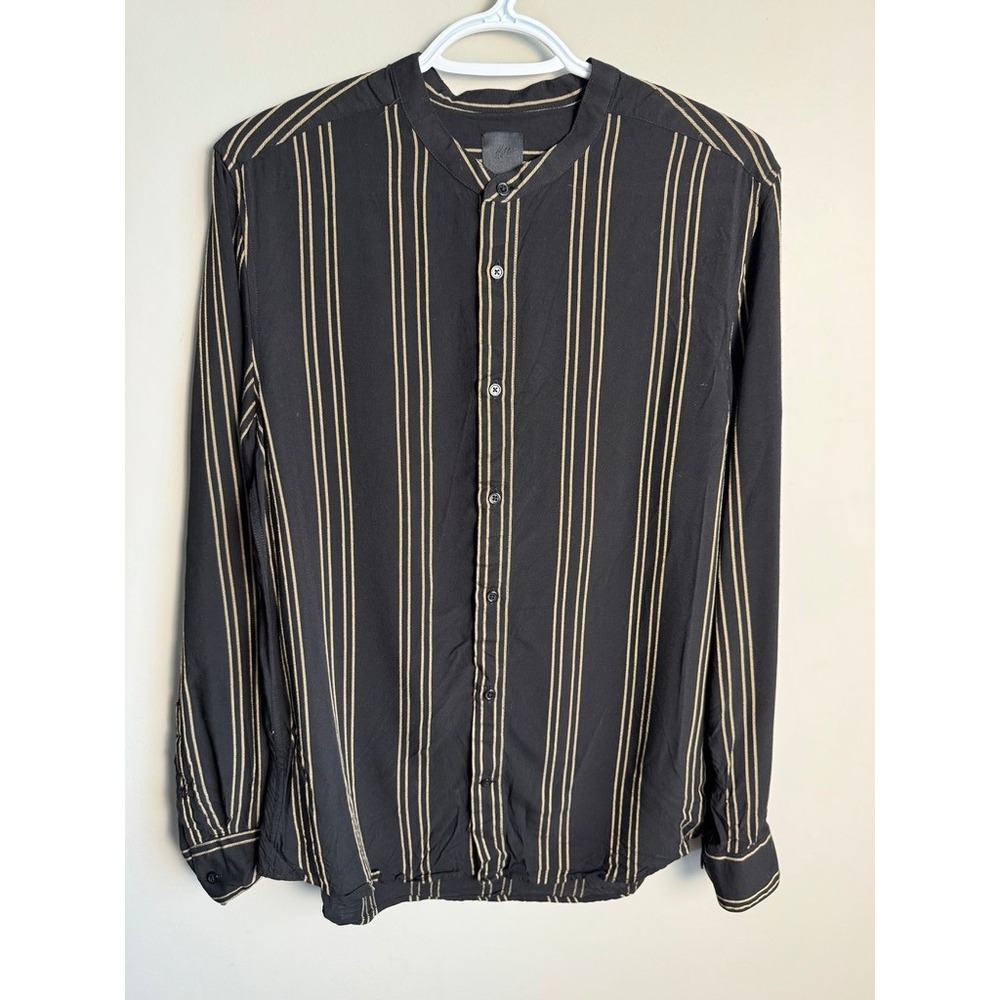 H&M Mens Black Striped Grandad Collar Slim Fit Shirt M Minimalist Boho Modern